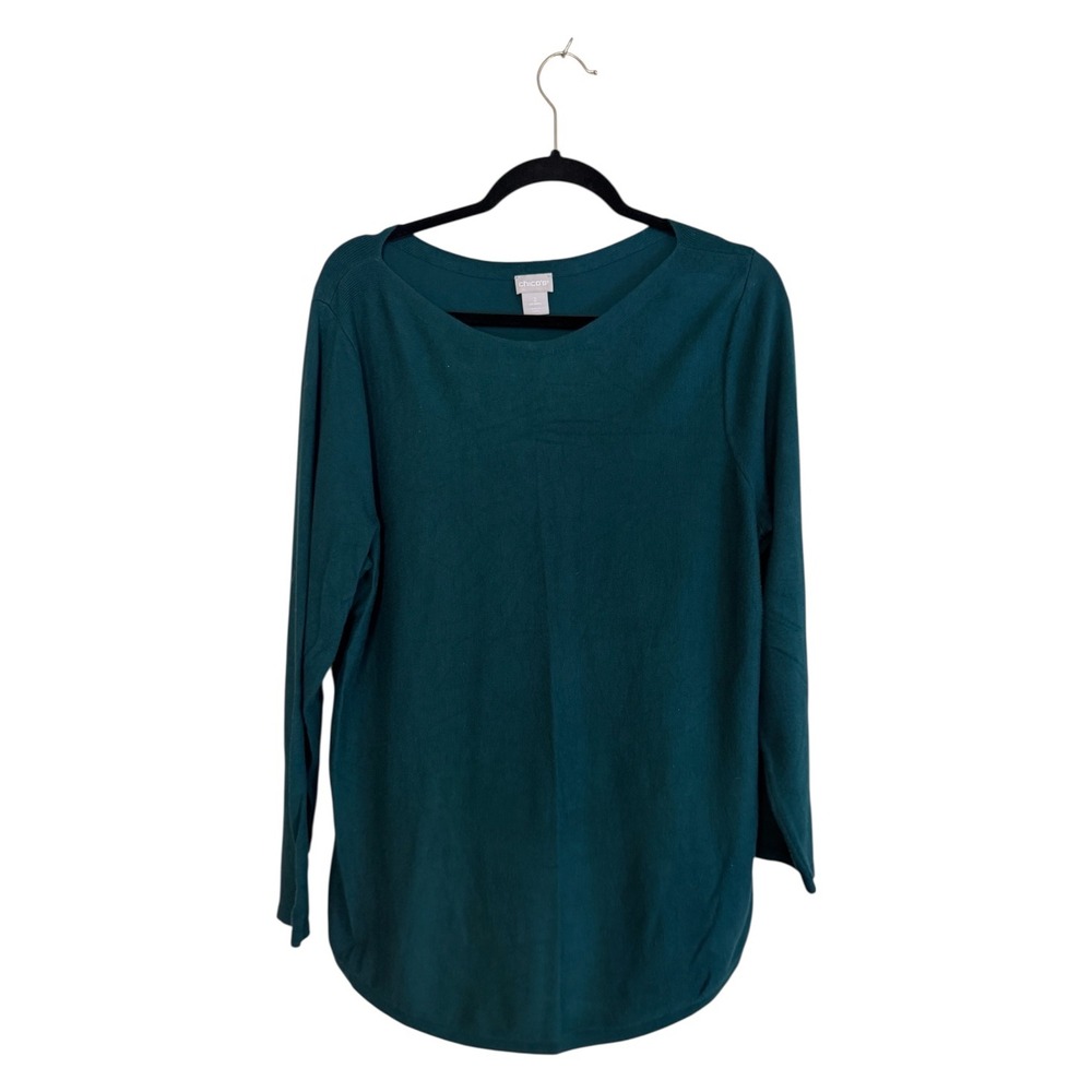 Chico's Long Sleeve Top Womens L Teal Blue Boat Neck‎ Rayon Blend Pullover